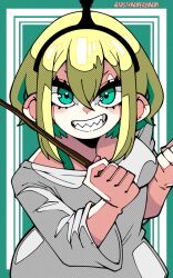 Rule 34 | 1girl, amano pikamee, artist name, black hairband, blonde hair, clenched hands, clenched teeth, commentary, eastside 9366, english commentary, eyelashes, green background, green hair, hair between eyes, hairband, halftone, hands up, highres, holding, holding wand, long sleeves, off-shoulder shirt, off shoulder, sharp teeth, shirt, short hair with long locks, solo, straight-on, teeth, twitter username, upper body, virtual youtuber, voms, wand, white shirt