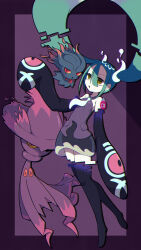 Rule 34 | 1girl, absurdres, afuron, bare shoulders, black border, black thighhighs, border, commentary, creatures (company), crossover, detached sleeves, dress, eyelashes, game freak, gen 2 pokemon, gen 4 pokemon, ghost miku (project voltage), green hair, hair between eyes, hatsune miku, highres, long hair, looking up, misdreavus, mismagius, nintendo, parted lips, pokemon, pokemon (creature), project voltage, purple background, sleeveless, sleeveless dress, sleeves past fingers, sleeves past wrists, thighhighs, twintails, vocaloid, yellow eyes