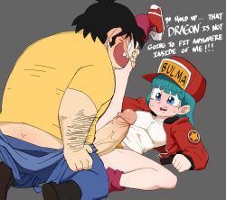 Rule 34 | 1boy, 1girl, age difference, ass, blue eyes, blush, bulma, clothes, coliboly, dragon ball, embarrassed, english text, erection, farmer (dragon ball), glasses, grabbing, green hair, grey background, hetero, highres, imminent penetration, imminent rape, large penis, leg grab, leg up, long hair, lying, on back, open clothes, open mouth, penis, simple background, smile, spread legs, sweat, veins, veiny penis