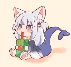 Rule 34 | 1girl, animal ear fluff, animal ears, animal hands, blue eyes, blue hair, blue sweater, blunt bangs, blush stickers, chibi, commentary, drink, drinking straw, elun (elun 00), english commentary, fins, fish tail, from side, gawr gura, gloves, hair ornament, holding, holding drink, hololive, hololive english, juice box, long hair, multicolored hair, paw gloves, paw shoes, shadow, shark girl, shark hair ornament, shark tail, sidelocks, sitting, solo, sweater, tail, virtual youtuber, yellow background