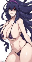 Rule 34 | 1girl, @ @, absurdres, aiuti, alternate breast size, bags under eyes, bikini, black bikini, black hair, blank eyes, blue eyes, breasts, cleavage, commentary request, cowboy shot, creatures (company), curvy, empty eyes, game freak, hairband, hex maniac (pokemon), highres, large breasts, long hair, messy hair, micro bikini, nintendo, pokemon, pokemon xy, purple hairband, shiny skin, simple background, solo, swimsuit, thong, thong bikini, very long hair, wet, wet hair, white background, wide hips