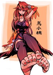 Rule 34 | 1girl, absurdres, arm behind head, armpits, barefoot, black thighhighs, breasts, character name, commission, douluo dalu, foot focus, ga320aaa, highres, long hair, looking at viewer, ma xiaotao (douluo dalu), nail polish, orange hair, pixiv commission, red eyes, red nails, solo, thighhighs, toe scrunch, toenail polish, toenails