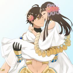 Rule 34 | 1boy, 1girl, ahoge, armor, black hair, bracelet, brown eyes, cape, capelet, dress, closed eyes, fate/prototype, fate/prototype: fragments of blue and silver, fate (series), flower, hair ornament, long hair, navel, nefertiti (fate/prototype fragments), one eye closed, ozymandias (fate), short hair, smile