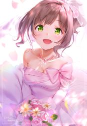 Rule 34 | backlighting, bare shoulders, bouquet, bow, breasts, bridal veil, cleavage, dress, earrings, elbow gloves, fang, flower, gloves, green eyes, hair flower, hair ornament, highres, holding, holding bouquet, idolmaster, idolmaster cinderella girls, jewelry, kinako (shiratama mochi), long hair, looking at viewer, maekawa miku, medium breasts, necklace, open mouth, pendant, petals, pink bow, pink dress, pink gloves, ponytail, rose, signature, smile, solo, veil, wedding dress