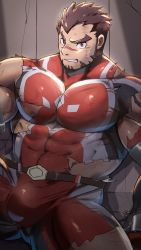 Rule 34 | 1boy, akashi (live a hero), bara, bodysuit, brown hair, bulge, covered abs, covered navel, facial hair, feet out of frame, goatee, highres, large bulge, large pectorals, live a hero, long sideburns, male focus, muscular, muscular male, orange (agnimon11803164), pectorals, red bodysuit, red eyes, scar, scar on face, scar on nose, short hair, sideburns, sidepec, solo, thick eyebrows, thick thighs, thighs, torn bodysuit, torn clothes