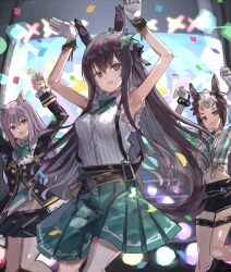 Rule 34 | 3girls, aqua bow, armpits, arms up, black jacket, black shorts, black skirt, blue bow, bow, collared shirt, commentary request, confetti, cowboy shot, cropped shirt, ear bow, ear ornament, ear piercing, gloves, hair between eyes, hair ornament, hairclip, highres, jacket, long hair, looking at viewer, mejiro dober (umamusume), mejiro mcqueen (umamusume), mejiro ryan (umamusume), midriff, multicolored hair, multiple girls, open mouth, piercing, pleated skirt, purple eyes, purple hair, shirt, shorts, skirt, sleeveless, sleeveless shirt, smile, streaked hair, the olphy, thigh strap, umamusume, umapyoi densetsu, white gloves, white hair