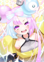 Rule 34 | absurdres, bow-shaped hair, character hair ornament, creatures (company), game freak, hair ornament, hamura hm, hexagon print, highres, iono (pokemon), jacket, long hair, low-tied long hair, multicolored hair, nintendo, oversized clothes, pokemon, pokemon sv, sharp teeth, sleeves past fingers, sleeves past wrists, split-color hair, teeth, very long sleeves, x, yellow jacket