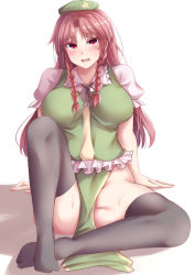 Rule 34 | 1girl, beret, black ribbon, black thighhighs, blush, braid, breasts, chinese clothes, collared shirt, colored eyelashes, frilled shirt, frills, green hat, green vest, groin, hair intakes, hair tie, hat, head tilt, highres, hong meiling, knee up, large breasts, long hair, long legs, long skirt, looking at viewer, mirufui, neck ribbon, no panties, no shoes, on floor, parted bangs, pelvic curtain, puffy short sleeves, puffy sleeves, red eyes, red hair, ribbon, shirt, short sleeves, sidelighting, simple background, sitting, skirt, skirt set, solo, star (symbol), star print, sweat, sweatdrop, taut clothes, taut vest, thighhighs, thighs, touhou, twin braids, very long hair, vest, white background