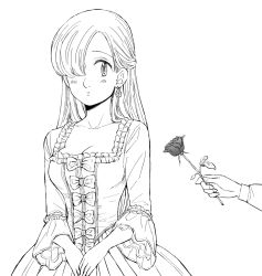 Rule 34 | 1girl, blush, bow, breasts, cleavage, collarbone, dress, earrings, elizabeth liones, flower, greyscale, hair over one eye, harumiya, holding, holding flower, jewelry, long hair, long sleeves, medium breasts, monochrome, nanatsu no taizai, parted lips, rose, silver hair, sketch, solo focus, straight hair