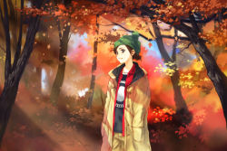 Rule 34 | 1girl, autumn, autumn leaves, brown hair, hands in pockets, hat, hirokiku, jacket, original, tree
