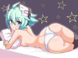 Rule 34 | 1girl, ahoge, ass, azure striker gunvolt, back, bed, black thighhighs, blue eyes, breasts, closed mouth, commentary, cougar (cougar1404), crotch seam, green hair, headgear, looking at viewer, looking back, lying, medium breasts, hugging object, on bed, on side, panties, pillow, pillow hug, roro (gunvolt), short hair, smile, solo, star (symbol), thighhighs, topless, underwear, underwear only, wedgie, white headwear, white panties