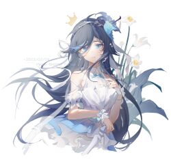 Rule 34 | 1girl, bare shoulders, bird, black hair, blue eyes, blue hair, breasts, character name, commentary request, cropped torso, dated, detached sleeves, dress, earrings, flower, fu hua, fu hua (azure empyrea), hair between eyes, hand up, happy birthday, highres, honkai (series), honkai impact 3rd, jewelry, looking at viewer, multicolored hair, puffy short sleeves, puffy sleeves, short sleeves, sleeveless, sleeveless dress, small breasts, solo, streaked hair, upper body, white dress, white flower, white sleeves, wrist cuffs, yaoyaooooo