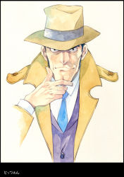Rule 34 | 1boy, agahari, bad id, bad pixiv id, coat, fedora, formal, hat, head rest, lupin iii, male focus, manly, necktie, police, sideburns, smile, solo, suit, tms entertainment, trench coat, zenigata kouichi