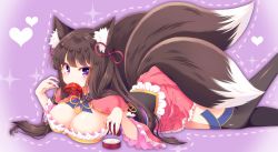 Rule 34 | 1girl, animal ear fluff, animal ears, bad id, bad pixiv id, black thighhighs, breasts, brown hair, cleavage, comb, dress, feet out of frame, fox ears, fox tail, hair ribbon, heart, japanese clothes, large breasts, lying, mouth hold, multiple tails, on stomach, outline, pink dress, pink ribbon, purple background, purple eyes, ribbon, sash, shisui suzuka, smile, suzune (teria saga), tail, teria saga, thighhighs