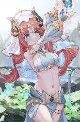 Rule 34 | 1girl, absurdres, aqua eyes, armpits, bare shoulders, blue butterfly, blush, breasts, bug, butterfly, closed mouth, cowboy shot, detached sleeves, forehead jewel, genshin impact, gold trim, harem outfit, highres, horns, hua (yijing), insect, long hair, long sleeves, looking away, medium breasts, navel, nilou (genshin impact), outstretched arms, parted bangs, puffy long sleeves, puffy sleeves, red hair, skindentation, skirt, smile, solo, stomach, thighlet, twintails, vambraces, veil, vision (genshin impact), white headdress