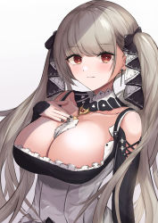 Rule 34 | 1girl, absurdres, azur lane, bare shoulders, between breasts, black dress, black nails, breasts, cleavage, clothing cutout, detached collar, dress, earrings, formidable (azur lane), frilled dress, frills, grey hair, hair ribbon, hand on own chest, highres, jewelry, large breasts, long hair, nail polish, necktie, necktie between breasts, red eyes, remapack77, ribbon, shoulder cutout, simple background, solo, twintails, two-tone dress, two-tone ribbon, upper body, white background, white dress