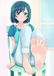 Rule 34 | 1girl, aqua camisole, aqua dress, barefoot, blue hair, blue pants, blue shirt, blurry, blurry background, blush, camisole, chair, closed mouth, collarbone, commentary request, cowlick, delicious party precure, dress, eyelashes, feet, foot focus, foot up, foreshortening, full body, fuwa kokone, green eyes, hair ornament, hairclip, highres, hinosaki, indoors, knees up, legs, medium hair, pants, precure, shadow, shirt, short sleeves, sitting, smile, soles, solo, swept bangs, thighs, toenails, toes, window