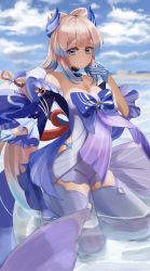Rule 34 | 1girl, absurdres, bad id, bad pixiv id, blue eyes, blue sky, blunt bangs, cloud, cloudy sky, detached collar, frilled sleeves, frills, genshin impact, gloves, hair ornament, highres, kneeling, long sleeves, looking at viewer, partially submerged, sangonomiya kokomi, shorts, sky, thighhighs, water, white thighhighs, yellow takano