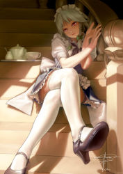 Rule 34 | 1girl, artist name, bow, braid, crossed legs, cup, embodiment of scarlet devil, feet, female focus, geister, hair bow, hair ribbon, high heels, izayoi sakuya, legs, lips, long legs, maid, maid headdress, mary janes, realistic, red eyes, ribbon, shoes, signature, sitting, sitting on stairs, solo, stairs, tea set, teacup, teapot, thighhighs, touhou, twin braids, white thighhighs, zettai ryouiki