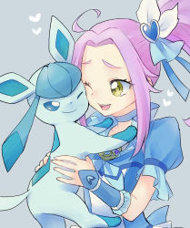 Rule 34 | 10s, 1girl, blue dress, blue skirt, cheek-to-cheek, choker, creatures (company), crossover, cuddling, cure beat, dress, eyelashes, eyepatch, game freak, gen 4 pokemon, glaceon, hair ornament, happy, heads together, heart, holding, kurochiroko, kurokawa eren, long hair, looking at viewer, magical girl, nintendo, open mouth, pokemon, pokemon (creature), ponytail, precure, puffy sleeves, purple hair, ribbon, seiren (suite precure), side ponytail, simple background, skirt, smile, suite precure, wrist cuffs, yellow eyes