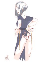 Rule 34 | 1girl, ass, back, backless panties, bad id, bad twitter id, black dress, black hair, blue eyes, blush, breasts, butt crack, clothes lift, dress, dress lift, earrings, highres, jewelry, kunami himehiko, looking at viewer, looking back, original, panties, parted lips, red panties, simple background, smile, solo, underwear, white background