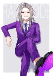 Rule 34 | 1boy, ahoge, black footwear, blonde hair, blue necktie, buttoned cuffs, buttons, collared shirt, commentary request, copyright name, crossed legs, floral print, formal, grey background, grey hair, highres, invisible chair, jacket, kikira (pixiv85582807), long hair, long sleeves, looking at viewer, makoto kagutsuchi, male focus, master detective archives: rain code, necktie, open mouth, pants, purple eyes, purple jacket, purple pants, shirt, sitting, smile, solo, spoilers, suit, white shirt
