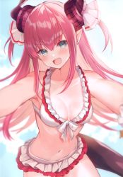Rule 34 | 1girl, absurdres, bare shoulders, bikini, bikini skirt, elizabeth bathory (beach bloody demoness) (fate), elizabeth bathory (fate), elizabeth bathory (fate/extra ccc), fate/extella, fate/extella link, fate/extra, fate/grand order, fate (series), frilled bikini, frills, highres, layered skirt, long hair, looking at viewer, navel, open mouth, pointy ears, scan, simple background, skirt, solo, stomach, suzuho hotaru, swimsuit
