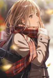 Rule 34 | 1girl, bag, blurry, blurry background, brown coat, brown eyes, brown hair, coat, enpera, fingers together, from side, hair ornament, hairclip, handbag, long hair, original, outdoors, plaid, plaid scarf, red scarf, scarf, sleeves past wrists, sweater, upper body, white sweater, zattape