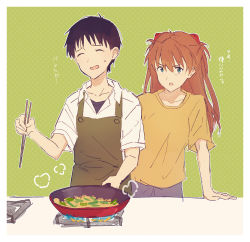 Rule 34 | 1boy, 1girl, angry, apron, arm support, bad id, bad pixiv id, black hair, blue eyes, brown apron, chopsticks, closed mouth, collarbone, collared shirt, commentary request, cooking, dotted background, frying pan, green background, hajikkoneko, highres, holding, holding chopsticks, ikari shinji, long hair, neon genesis evangelion, open mouth, orange hair, shirt, short hair, short sleeves, souryuu asuka langley, sweatdrop, translation request, upper body, white shirt, yellow shirt