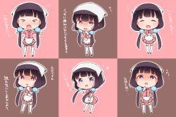 Rule 34 | &gt; &lt;, 1girl, :d, ^^^, ^ ^, apron, blend s, blush, brown hair, chibi, closed eyes, commentary request, dress, expressions, flying sweatdrops, full body, gloves, head scarf, heart, highres, long hair, looking at viewer, low twintails, mado kara konnichiwa, multicolored background, multiple views, open mouth, outline, outstretched arms, own hands together, pink dress, pom pom (clothes), puffy short sleeves, puffy sleeves, purple eyes, sakuranomiya maika, shaded face, short sleeves, smile, spread arms, standing, thighhighs, translation request, twintails, very long hair, waist apron, waitress, white gloves, white thighhighs
