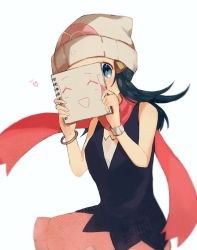 Rule 34 | 1girl, bad id, bad pixiv id, beanie, blue eyes, blue hair, blush, bracelet, commentary request, covering face, creatures (company), dawn (pokemon), erua ( 8eru), floating scarf, game freak, hat, heart, holding, holding sketchbook, jewelry, long hair, looking at viewer, nintendo, pink scarf, poke ball print, pokemon, pokemon dppt, scarf, simple background, sketchbook, solo, white background, white hat