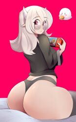 Rule 34 | 1girl, absurdres, back, black shirt, black thighhighs, boo (mario), breasts, corrin (female) (fire emblem), corrin (fire emblem), eyelashes, female focus, ferdinandusdart, fire emblem, glasses, highres, holding, horns, link, long hair, looking at viewer, looking back, mario (series), medium breasts, nintendo, nintendo switch, pink background, playing, pointy ears, princess zelda, red eyes, shiny skin, shirt, sitting, solo, the legend of zelda, the legend of zelda: skyward sword, thick thighs, thighhighs, thighs, white hair, wide hips