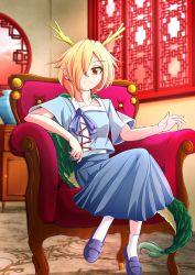 Rule 34 | 1girl, antlers, aospanking, armchair, blonde hair, blue footwear, blue shirt, blue skirt, chair, collarbone, commentary request, crossed legs, dragon horns, frown, full body, hair over one eye, horns, kicchou yachie, lattice, looking at viewer, partial commentary, pleated skirt, red eyes, round window, shirt, short hair, short sleeves, sitting, skirt, socks, tail, touhou, turtle shell, vase, white socks, window