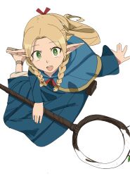 Rule 34 | 1girl, ambrosia (dungeon meshi), arm support, blonde hair, blue capelet, blue dress, braided sidelock, capelet, commentary, dress, dungeon meshi, from above, full body, green eyes, hair ribbon, highres, holding, holding wand, long hair, looking at viewer, marcille donato, open mouth, pants, partially colored, pointy ears, red ribbon, ribbon, sandals, simple background, sitting, solo, teeth, upper teeth only, waist bag, wand, white background, white pants, womiriguramu, yokozuwari