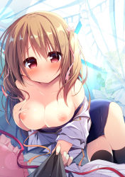 Rule 34 | 1girl, bare shoulders, blue one-piece swimsuit, blush, breasts, clothes pull, collarbone, commentary request, curtains, frilled pillow, frills, hair between eyes, hair ribbon, hanamiya natsuka, hand on own chest, hand up, light brown hair, long hair, long sleeves, looking at viewer, medium breasts, nipples, off shoulder, old school swimsuit, one-piece swimsuit, one-piece swimsuit pull, original, pillow, pink ribbon, red eyes, ribbon, school swimsuit, shirt, skirt, unworn skirt, solo, strap slip, swimsuit, transparent, two side up, white shirt, white skirt