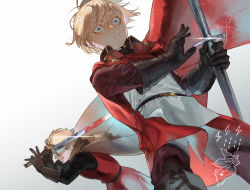 Rule 34 | 2boys, artist name, black gloves, blonde hair, blood, bloody weapon, blue eyes, cape, dylan the island king, ethan the exiled hero, facial hair, fighting stance, frown, glint, gloves, grey cape, holding, holding sword, holding weapon, long sleeves, male focus, multiple boys, pixiv fantasia, pixiv fantasia last saga, psyche (arcadia), red cape, standing, stubble, surprised, sword, weapon