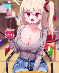 Rule 34 | 1girl, animal print, bat print, blonde hair, blurry, blurry background, blush, breasts, cafeteria, casual, chair, clover, coffee, collarbone, contemporary, cowboy shot, crystal, cup, curvy, denim, drinking straw, earrings, fang, fingernails, flandre scarlet, gold, hair ornament, hairclip, hand on lap, hand up, heart, heart tattoo, hip focus, holding, holding cup, huge breasts, indoors, jewelry, layered shirt, looking at viewer, medium hair, nail polish, necklace, no headwear, open mouth, pants, pendant, pink nails, pov, red scrunchie, ribbed shirt, scrunchie, shiny skin, shirt, sitting, solo, sseopik, table, tattoo, touhou, unbuttoned, unbuttoned shirt, wings