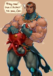 Rule 34 | 1boy, abs, bad id, bad tumblr id, bara, beard, bestiality, biceps, black hair, blue bodysuit, bodysuit, brown hair, bulge, character request, creatures (company), crotch grab, dark-skinned male, dark skin, english text, facial hair, game freak, large pectorals, male focus, matt (pokemon), mature male, muscular, muscular male, nintendo, nipples, pectorals, pokemon, pokemon (creature), pokemon oras, pokephilia, rumlockerart, short hair, sideburns, solo focus, stomach, thick thighs, thighs, topless male, veins