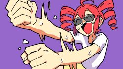 Rule 34 | 1girl, ^ ^, alternate costume, clenched hands, closed eyes, commentary request, cowboy shot, dancing, drill hair, foreshortening, highres, kasane teto, liar dancer (synthesizer v), open mouth, outstretched arms, purple background, red hair, shirt, short sleeves, shorts, simple background, smear frame, smile, solo, sunglasses, sweat, t-shirt, twin drills, utau, very sweaty, wamiya (b1ration), waving arms, white shirt, yellow shorts