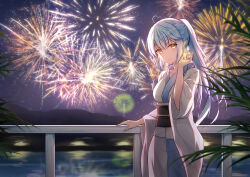 Rule 34 | 1girl, absurdres, aerial fireworks, against railing, ahoge, alternate costume, blue hair, blush, closed mouth, colored tips, commentary request, double-parted bangs, fireworks, heart, heart ahoge, highres, holding, hololive, japanese clothes, kimono, lake, long hair, multicolored hair, night, night sky, official alternate costume, outdoors, pointy ears, ponytail, railing, rieatco, sky, smile, solo, star (sky), streaked hair, virtual youtuber, white kimono, yellow eyes, yukata, yukihana lamy