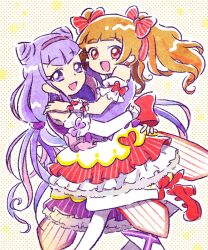 Rule 34 | 2girls, :d, aisaki emiru, blunt bangs, bow, brown hair, commentary request, cone hair bun, dress, hair bow, hair bun, hairband, hoppetoonaka3, hug, hugtto! precure, jewelry, layered dress, long hair, low twintails, magical girl, multiple girls, open mouth, precure, purple bow, purple eyes, purple hair, red bow, red eyes, ruru amour, smile, twintails