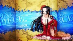 Rule 34 | 1girl, bare shoulders, black hair, boa hancock, breasts, cleavage, earrings, japanese clothes, large breasts, long hair, looking at viewer, one piece, tagme, tattoo