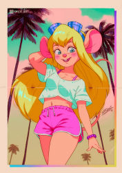 Rule 34 | 1girl, animal ears, blonde hair, blue eyes, bra strap, bracelet, breasts, buck teeth, chip &#039;n dale rescue rangers, commentary, cowboy shot, crop top, disney, english commentary, furry, furry female, gadget hackwrench, goggles, goggles on head, highres, idfer, jewelry, long hair, looking at viewer, mouse ears, mouse girl, mouse tail, navel, pink shorts, short sleeves, shorts, small breasts, solo, summer, tail, teeth, vaporwave