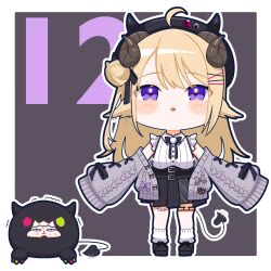 Rule 34 | 1girl, absurdres, animal ears, aran sweater, arms at sides, beret, bibi (tokoyami towa), black bow, black bowtie, black footwear, black hat, black skirt, blonde hair, blush stickers, bow, bowtie, cable knit, cardigan, chibi, collared shirt, commentary request, cosplay, cross-laced clothes, cross-laced sleeves, demon tail, fake horns, grey cardigan, hair ornament, hairclip, hat, heart o-ring, highres, hiruno isu, hololive, horned headwear, horns, jirai kei, long hair, looking at viewer, loose socks, o-ring, o-ring thigh strap, open cardigan, open clothes, open mouth, parted lips, piercing, pom pom (clothes), purple eyes, sheep ears, sheep girl, sheep horns, shirt, skirt, sleeveless, sleeveless shirt, socks, solo, suspenders, sweater, tail, tail ornament, tail piercing, thigh strap, tokoyami towa, tokoyami towa (cosplay), tokoyami towa (jirai kei), tsunomaki watame, very long hair, virtual youtuber, watamate, white shirt, white socks