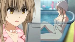 Rule 34 | 10s, 1girl, amagi brilliant park, animated, animated gif, bathing, bathtub, blush, grabbing another&#039;s breast, breasts, brown eyes, brown hair, caught, cleavage, computer, dildo, female masturbation, fingering, grabbing, laptop, large breasts, masturbation, navel, nipples, nude, open mouth, recording, grabbing own breast, sento isuzu, sex toy, solo, thighs, towel, towel on head, wet