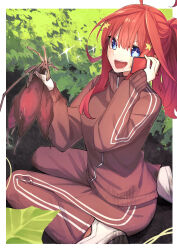 Rule 34 | + +, 1girl, absurdres, ahoge, autumn, blue eyes, blush, drooling, food, go-toubun no hanayome, hair between eyes, hair ornament, highres, holding, holding food, jacket, long hair, nakano itsuki, open mouth, outdoors, pants, red hair, red jacket, red pants, sitting, solo, star (symbol), star hair ornament, tamago sando, track jacket, track pants, track suit, wariza, white footwear