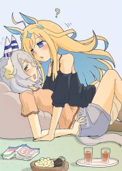Rule 34 | 2girls, ?, ahoge, animal ears, ashitaba tomorou, averting eyes, bare shoulders, black shirt, blonde hair, blue eyes, blue hair, blush, book, breasts, bright pupils, brown eyes, casual, colored inner hair, commentary request, cowboy shot, cup, drinking glass, ear covers, face-to-face, flying sweatdrops, food, from side, girl on top, grey hair, hishi miracle (umamusume), horse ears, horse girl, horse tail, long hair, looking at another, medium hair, multicolored hair, multiple girls, neo universe (umamusume), on floor, open mouth, orange shirt, pocky, purple shorts, reclining, shirt, short sleeves, shorts, t-shirt, tail, umamusume, white pupils, yuri