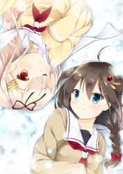 Rule 34 | 10s, 2girls, ahoge, black ribbon, blue eyes, braid, cardigan, closed mouth, from above, hair flaps, hair ornament, hair ribbon, hairclip, iris yayoi, kantai collection, long hair, long sleeves, multiple girls, neckerchief, one eye closed, outdoors, red eyes, red neckerchief, ribbon, rotational symmetry, scarf, shigure (kancolle), single braid, smile, sweater, white scarf, yuudachi (kancolle)