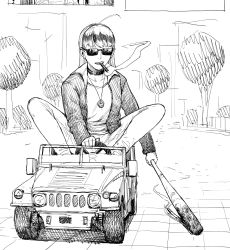 Rule 34 | 1girl, ahoge, baseball bat, choker, cigar, copyright request, covered eyes, doraemon, doraemon (character), driving, facing viewer, greyscale, holding, holding baseball bat, jacket, jewelry, long hair, long sleeves, looking at viewer, monochrome, mouth hold, necklace, open clothes, open jacket, smoke, smoking, solo, sunglasses, toy car, unfinished, sketch background, y naf