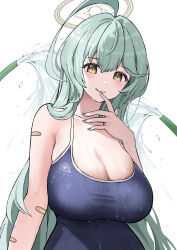 Rule 34 | 1girl, absurdres, abydos high school swimsuit, ahoge, aqua nails, bandaid, black one-piece swimsuit, blue archive, blush, breasts, cleavage, closed mouth, fingernails, green hair, halo, highres, hose, huge ahoge, huge breasts, lemontea (ekvr5838), long hair, looking at viewer, nail polish, one-piece swimsuit, school swimsuit, simple background, smile, solo, swimsuit, tongue, tongue out, water, wet, white background, yellow eyes, yellow halo, yume (blue archive)